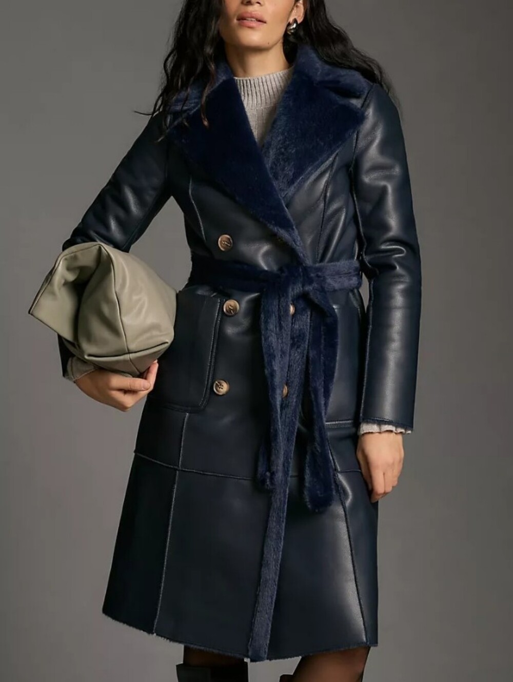 Avec Les Filles Faux Leather Furry Mix Belted Reversible Trench Coat Navy Anthro